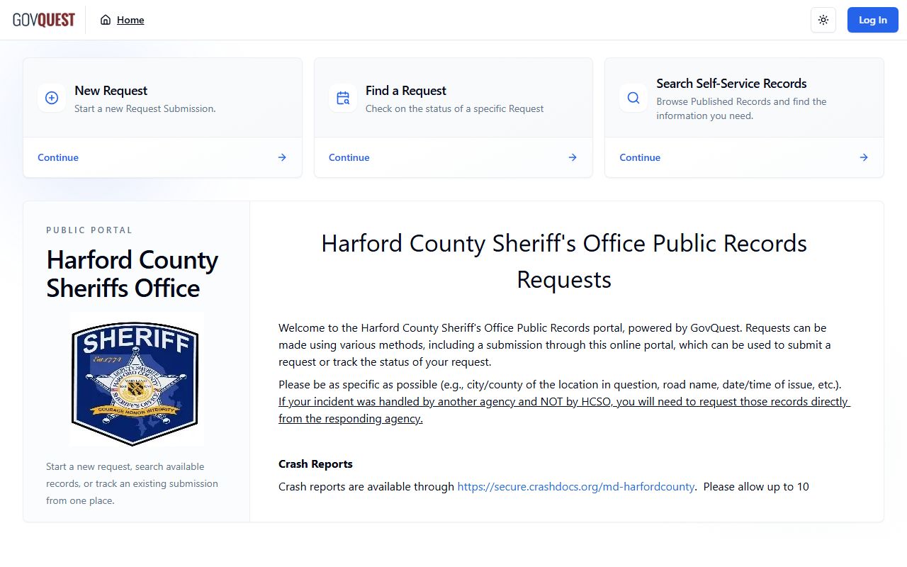 Harford County arrest records GovQuest public records request portal