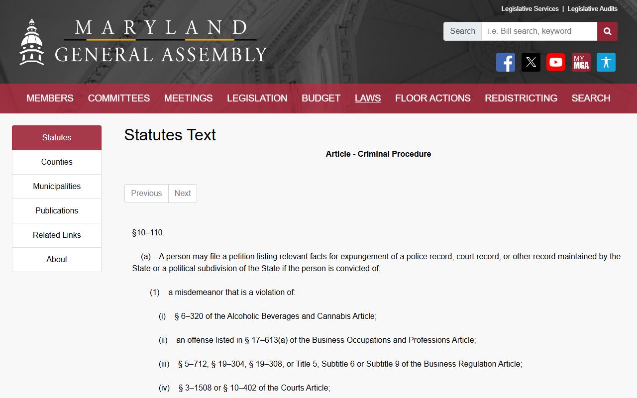 Harford County criminal court records conviction expungement statute