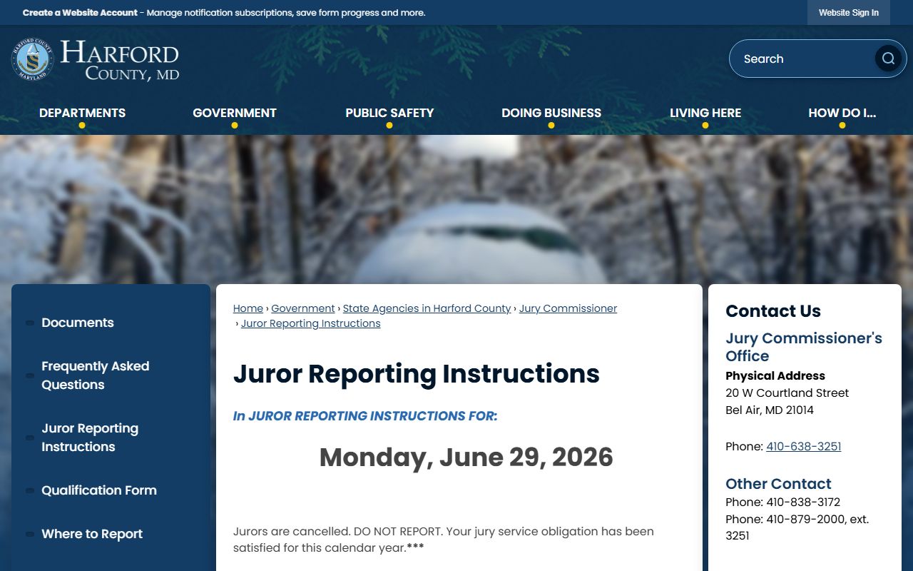 Harford County court records juror reporting instructions