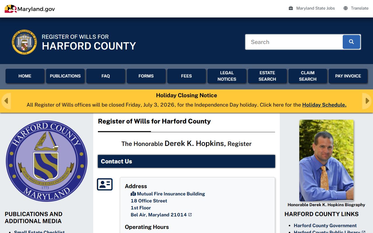 Harford County probate records Register of Wills office page