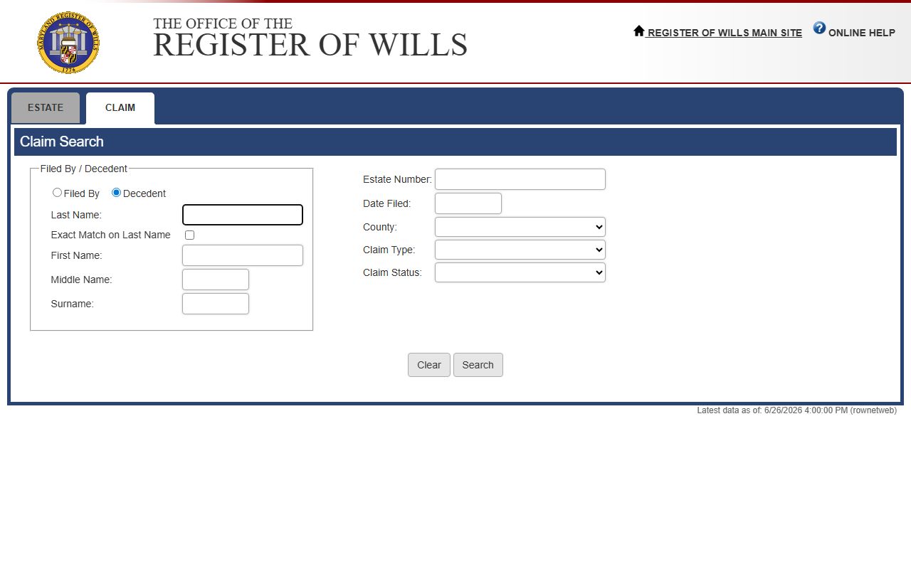 Harford County probate records Claim Search portal