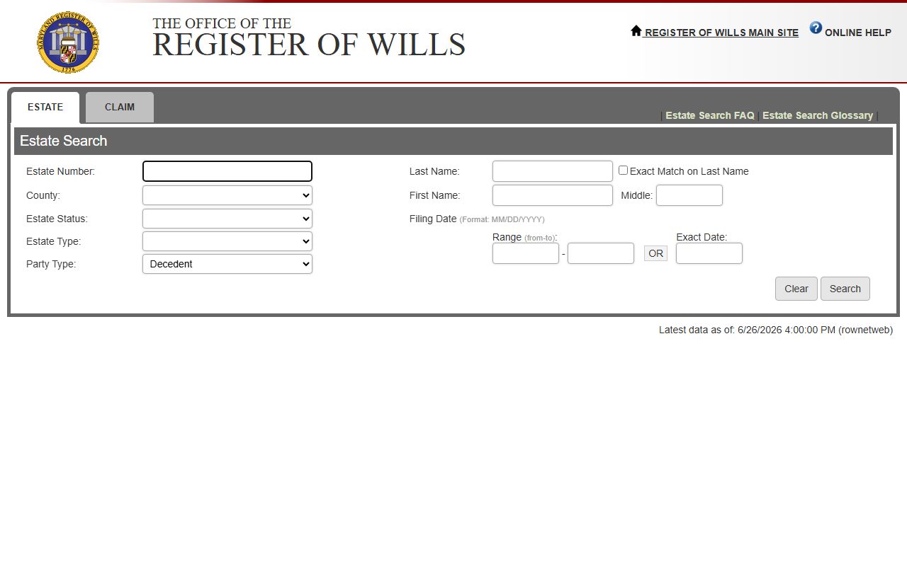 Harford County probate records Estate Search portal