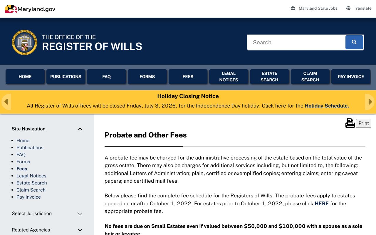 Harford County probate records Register of Wills fee schedule