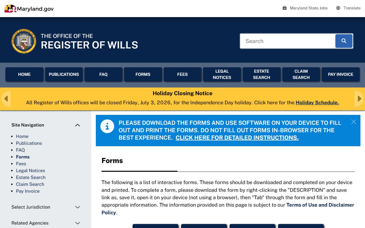 Harford County probate records Register of Wills forms