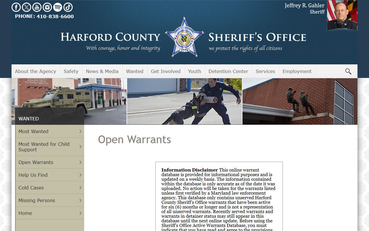 Harford County warrant records open warrants page